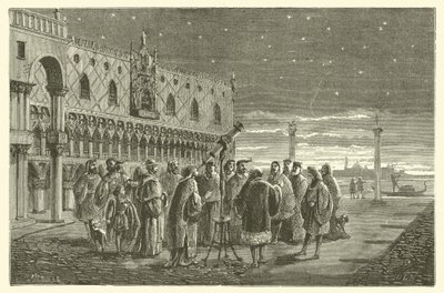 Galileu mostra os satélites de Júpiter aos senadores de Veneza (gravura) de French School