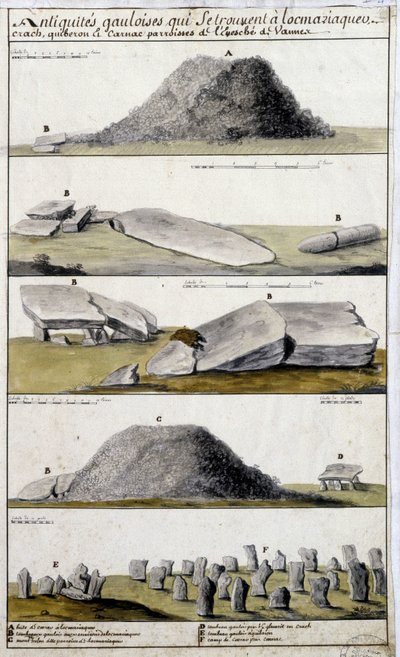 Antiguidades Gálicas localizadas em Locmaziaquev, Crach, Quiberon e Carnac, paróquias do Eveche de Vanne - in "Descrição histórica, topográfica e natural da Bretanha" de Robien de French School
