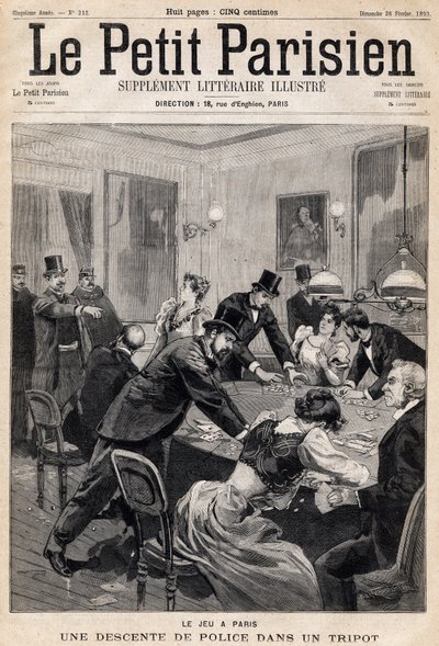 Casa de jogos em Paris: A polícia faz uma rusga num clube de jogo (casino). Um dos jornais " Le Petit Parisien" em 26/02/1893 (gravura) de French School