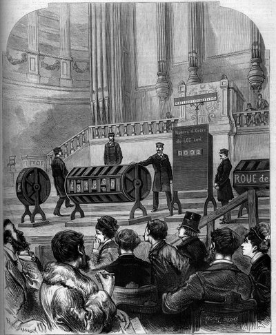 Jogo de azar: sorteio da Loteria Nacional na sala de festas do Trocadero no dia 6 de Janeiro de 1879 em Paris. Gravura no "Le Monde Illustré" n°1140 de 1 de Fevereiro de 1879. de French School