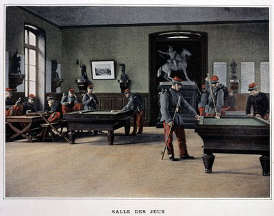 Sala de jogos: soldados a jogar bilhar e de - em "Álbum militaire" - infantaria de French School