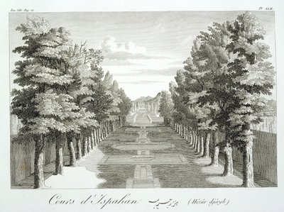 Jardins em Tshehar-Bagh, Isfahan, de Travels of Chardin Knight na Pérsia e outros lugares do Oriente, por Jean Chardin (1643-1713), publicado em 1811 de French School