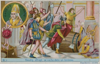 Gaudry, assustado, escondido em um barril de French School