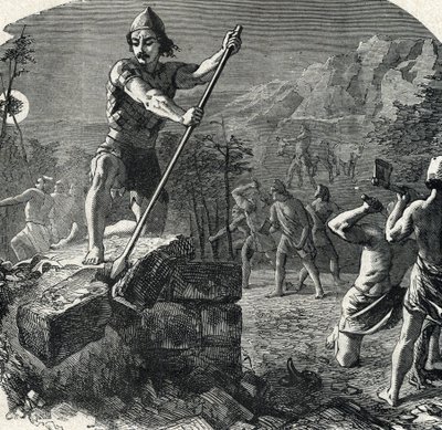 Gedeon (Gideon) detrui o altar de Baal que mergulhou o seu povo na idolatria (Gideon ou Gedeon destruindo o altar de Baal) Gravação da Colecção Privada "A História Santa de Lahure século XIX". de French School