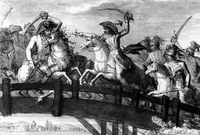 General Alexandre Dumas, o Horácio Cocles do Tirol. matando sozinho três oponentes austríacos na Ponte Clausen em 1797, c.1797 (guache) de French School
