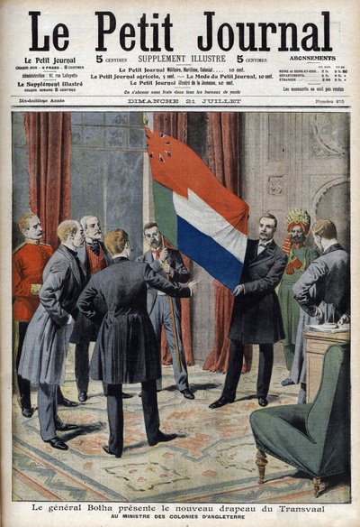 General Pieter Willem Botha (um bôer) apresenta a nova bandeira do Transvaal (África do Sul) ao Ministro Colonial Inglês Lord Elgin - No "Le Petit Journal" de 21 de Julho de French School