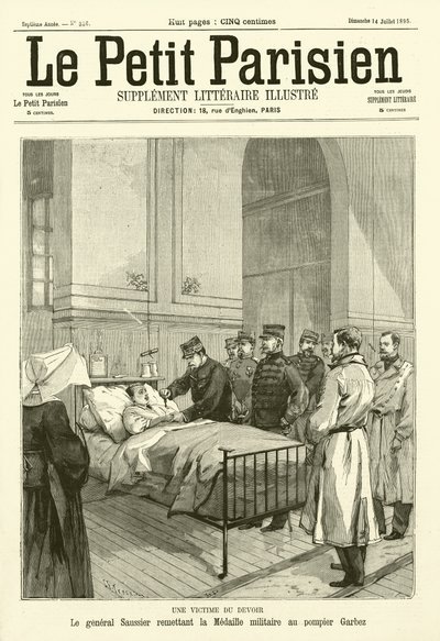 O General Saussier concede a Medalha Militar Francesa a um bombeiro chamado Garbez, ferido no cumprimento do dever (gravura) de French School