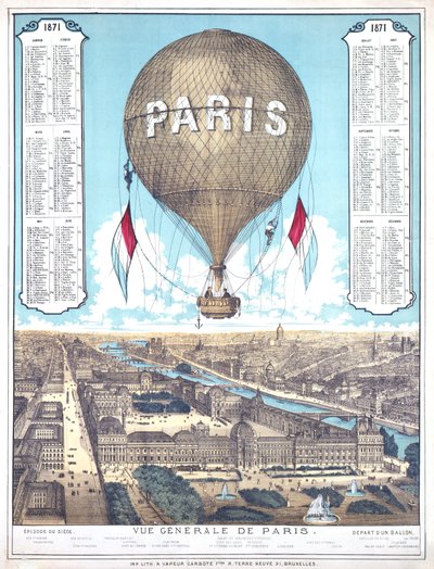 Vista Geral de Paris e lista dos locais de partida dos balões durante o Cerco de Paris, 1871 de French School