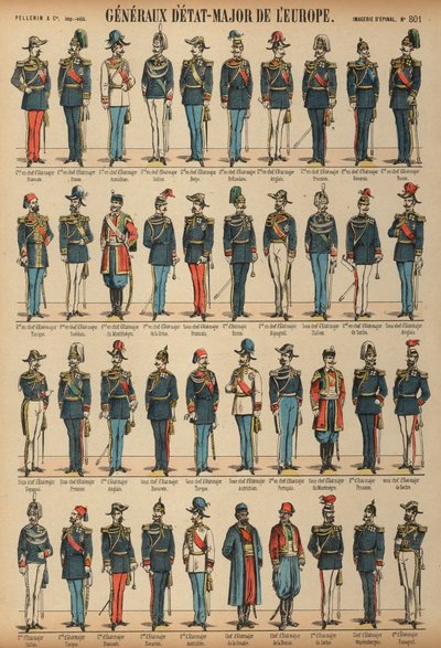 Oficiais do Estado-Maior e uniformes de exércitos de todo o mundo (gravação colorida) de French School