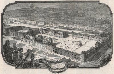 Vista geral do Palais du Louvre e das Tuileries em 1852 - Gravação em "Tableau-de-Paris" de Edmond Texier 1852 de French School