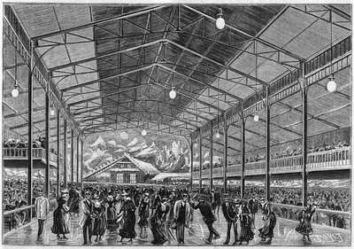 Vista geral da sala de patinagem artificial no gelo "Le pole nord" na rue de clichy, em Paris, em 1892. de French School