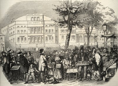 Vista geral do boulevard du Temple em Paris - vendedores ambulantes - Paris - Vue générale du boulevard du Temple - Mercadores ambulantes - Gravação em "Tableau-de-Paris" de Edmond Texier 1852 de French School