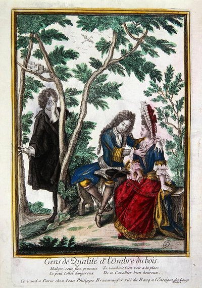 Gentleman Courting a Lady in the Shade of a Forest, (gravura colorida) de French School