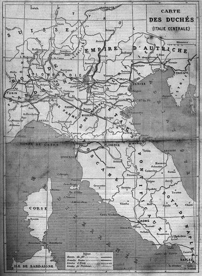 Mapa geográfico dos duques da Itália Central em 1860. Gravura em "Le Monde Illustré" n°143 de 7 de Janeiro de 1860. de French School