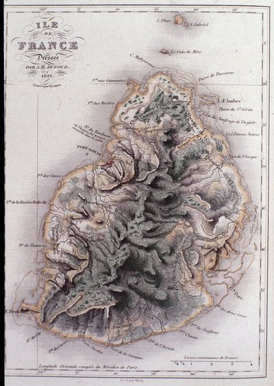 Mapa geográfico da Maurícia (Anc. Ile de France) - gravura de French School