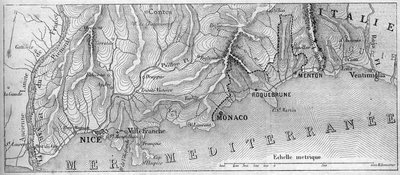 Mapa geográfico do Principaute de Monaco, em 1861, antes da adesão da cidade de Roquebrune e Menton à França. Gravura no "Le Monde Illustré" n°202 de 23 de Fevereiro de 1861. de French School
