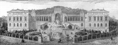 Vista geométrica do Palais de Longchamp em Marselha, Bouches du Rhone (13), construído em 1862 por Henri Jacques Esperandieu (1829-1874). Gravura em "Le Monde Illustré" n°681 de 30 de Abril de French School