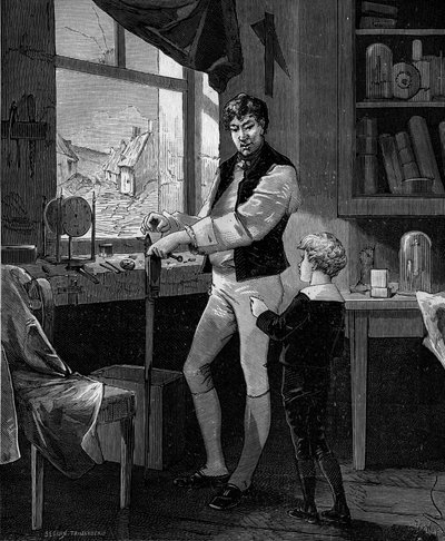 George Stephenson, engenheiro britânico (1781-1848) com seu filho. de French School
