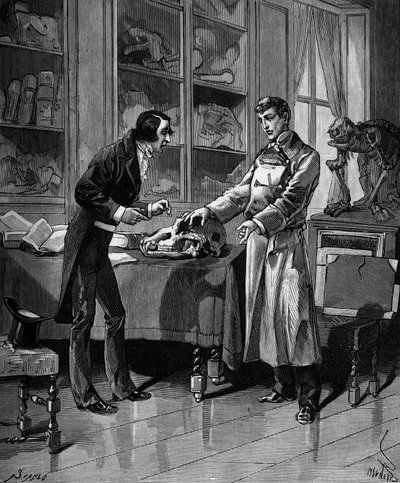 Georges Cuvier (1769-1832), naturalista francês com um jovem estudante. em "Histoire populaire des sciences, inventions et discoveries from the first centuries to the present day" por Bitard Adolphe 1880. de French School