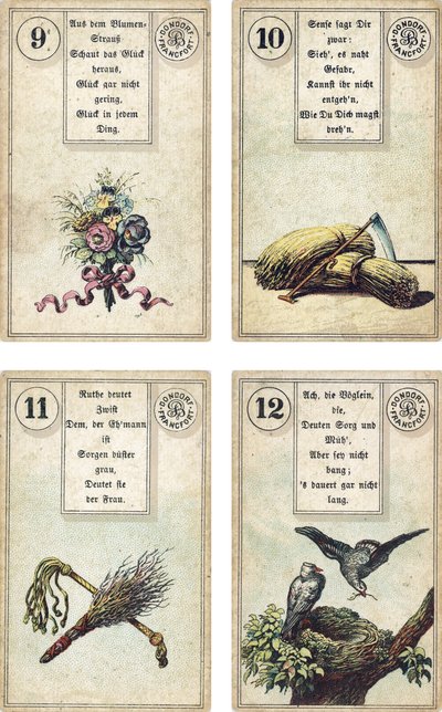 Edição alemã do baralho de cartomancia francês Lenormand: As Flores, A Foice, O Vidoeiro, O Chicote, Os Pássaros, publicado por Dondorf, Frankfurt, Século 19 de French School