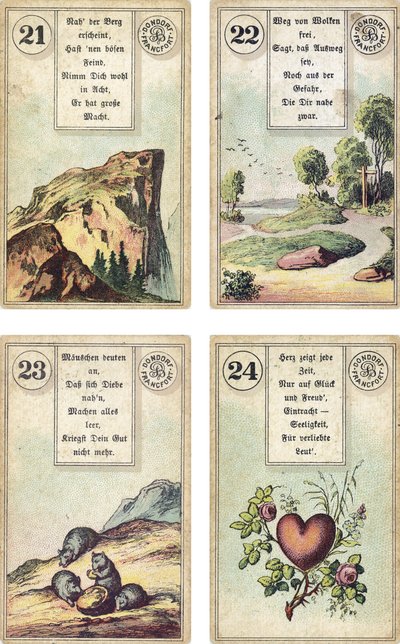 Edição alemã do baralho de cartomancia francês Lenormand: The Mountain, The Road, The Mice, The Heart, publicado por Dondorf, Frankfurt, 19th Century de French School