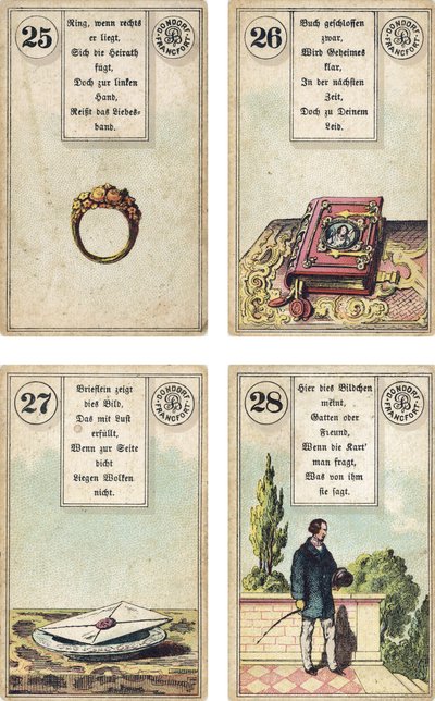 Edição alemã do baralho de cartomancia francês Lenormand: O Anel, O Livro, A Carta, O Cavalheiro, publicado por Dondorf, Frankfurt, Século 19 de French School