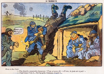 Soldado alemão capturado por soldados franceses como resultado de um truque, desenho animado da edição de abril da revista La Baionette, em 29 de março de 1917. de French School