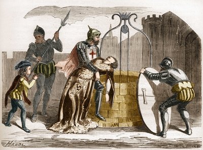 Gilles de Rais (Retz ou Rays) (1404-1440), marechal da França, faz perir a sua esposa. Gravação em "A história da prostituição e do deboche entre todos os povos do mundo desde a antiguidade até os dias de hoje" pelo Dr. Th. -F. Debray. 1879. de French School