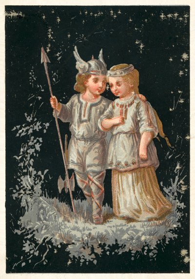 Menino e menina em traje nórdico ou germânico (chromolitho) de French School