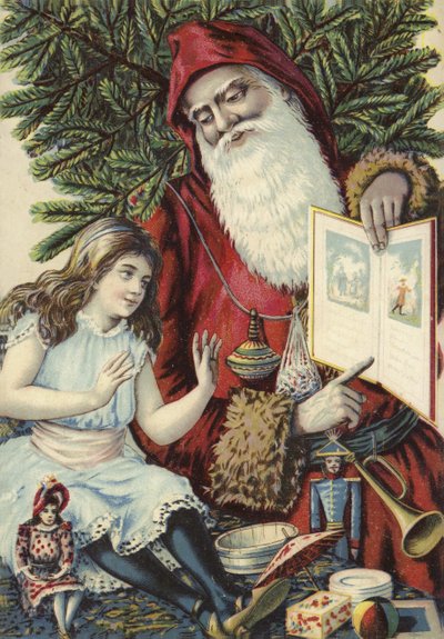 Garota sendo mostrada livro ilustrado pelo pai Natal de French School