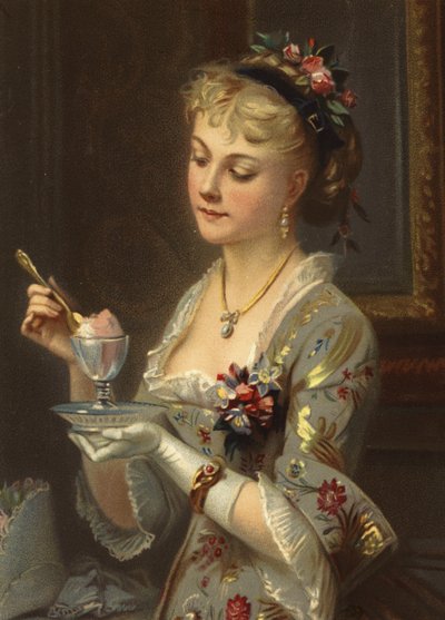 Rapariga a comer sorvete com uma colher de ouro (cromolitografia) de French School