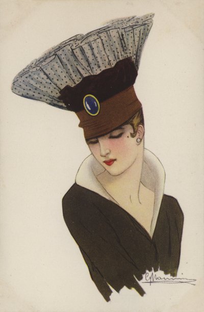 Rapariga com um extraordinário toucado (cor litho) de French School