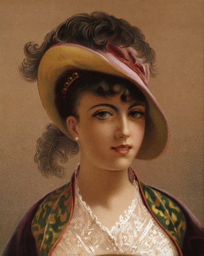 Rapariga com chapéu cor-de-rosa (cromolitho) de French School