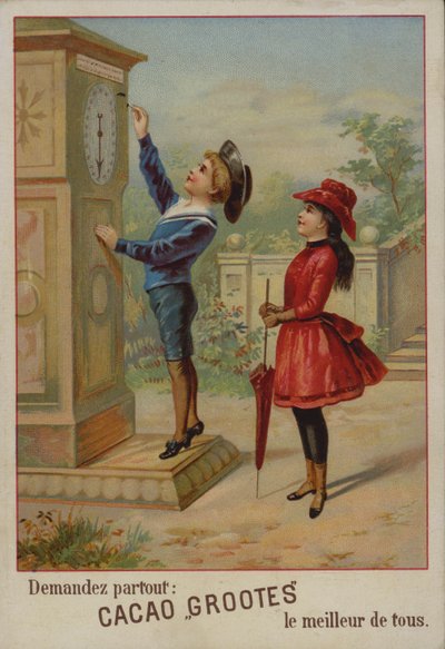Menina a ver um rapaz a ajustar um relógio (chromolitho) de French School