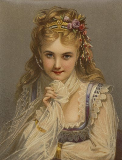 Rapariga com cabelo louro, jóias, flores e sorriso recatado (cromolitho) de French School