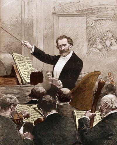 Giuseppe Verdi conduzindo a orquestra de ópera à primeira representação de "Aida" em Paris, em 1880. de French School