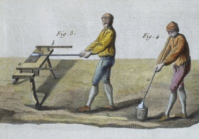 Glassblowing, detalhe, ilustração da enciclopédia das ciências e dos Metiers por Denis Diderot (1713-84) gravado por Robert Benard (fl.1734) publicou c.1770 (gravura da cor) (veja igualmente 326118) de French School