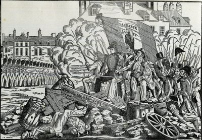 Gloriosas e memoráveis lutas de julho de 1830 no bairro da Prefeitura de Paris - Revolução de 1830 - As batalhas dos dias de julho de 1830 em Paris. de French School