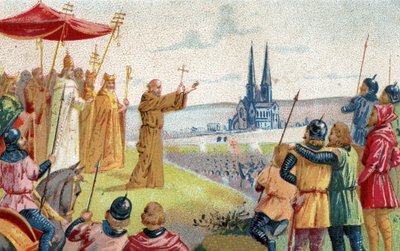 Deus o quer! Pedro, o Eremita, pregando a Cruzada (1095 - 1099) Cromolitografia do final do século XIX. de French School