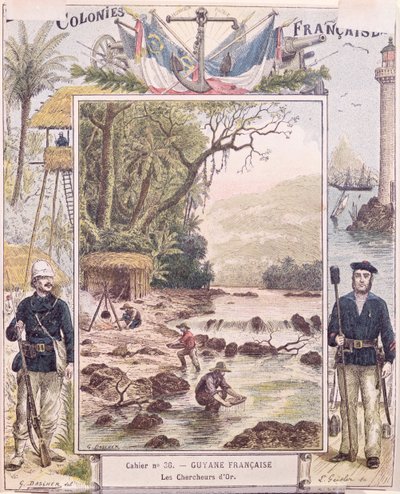 Escavadores de ouro na Guiana Francesa, capa do livro de exercícios da escola, c.1880 de French School
