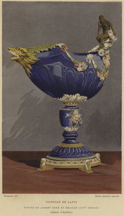 Taça de lápis-lazúli em forma de gôndola, decorada em prata dourada e esmaltada, Século XVI de French School