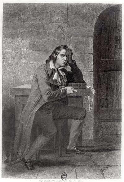 Gracchus Babeuf (1760-97) esfaqueando-se (gravura) (foto p - b) de French School