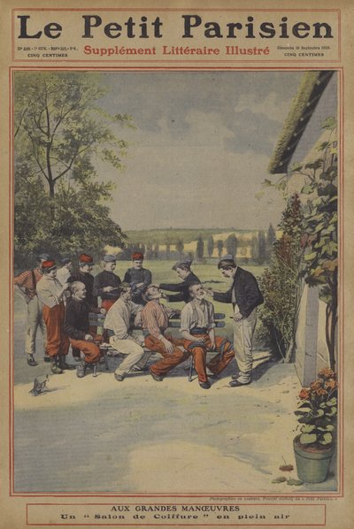 Grandes manobras do Exército Francês: um barbeiro ao ar livre (cor litho) de French School