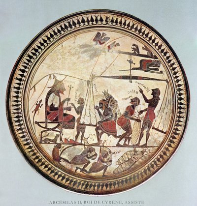 Taça grega representando Arcesilas II, rei de Cirene (c.560-550 aC) assistindo a pesagem e carregamento de silphium, cópia de um original do século 6 aC de French School