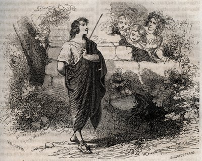 Mitologia grega: Bacchis e seus amigos tentam seduzir Gyges que se recusa e permanece fiel à sua falecida esposa. Gravura de 1871 em "Histoire Des Cocuses Celebres" de Henry de Kock (1819-1892). de French School
