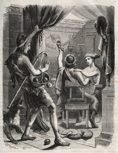 Mitologia grega: "Este grito foi feito por Paris". Paris surpreende Helene com Peritanus. Gravura de 1871 em "Histoire Des Cocuses Celebres" de Henry de Kock (1819-1892). de French School