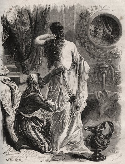 Mitologia grega: o rei de Lydie Candaule (ou Caudale) mostra a sua mulher nua ao seu confidente Gyges, esconde-se nas sombras quando ela se abre no quarto. Gravura de 1871 em "Histoire Des Cocus Celebres" de Henry de Kock (1819-1892). de French School