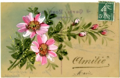 Saudações com planta floral. Cartão postal do início do século XX. de French School