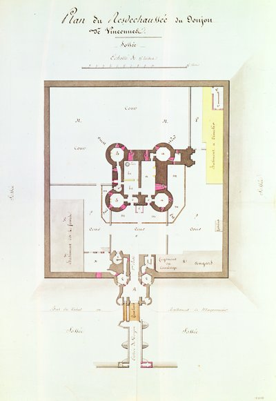 Planta do piso térreo para Prisão de Vincennes, 1810 (caneta e tinta) de French School
