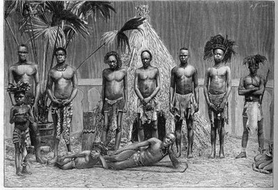 Grupo de homens da trupe angolana expôs em Paris durante a Exposição Mundial de 1889 (Jardim Zoológico Humano). de French School